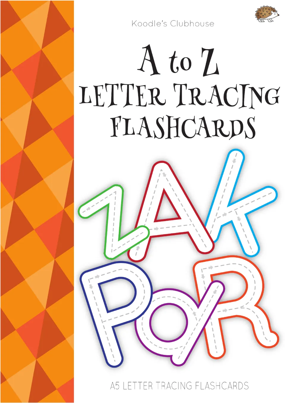 Cover of A to Z Letter Tracing Cards, identifying A5 flashcards and showing sample letters with tracing arrows