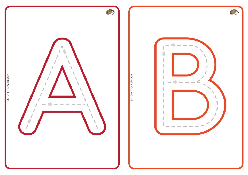 Uppercase A and B alphabet tracing cards, with dashed paths and directional arrows for letter formation