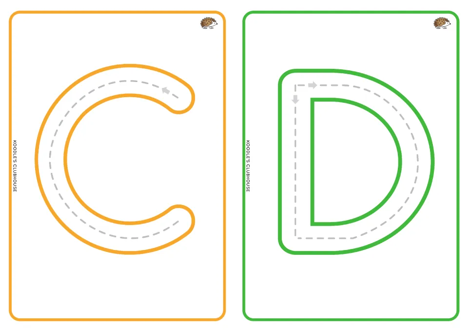Uppercase C and D alphabet tracing cards, with dashed paths and directional arrows for letter formation