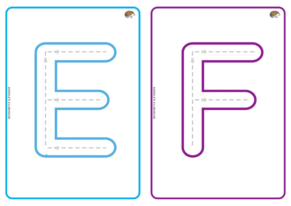 Uppercase E and F alphabet tracing cards, with dashed paths and directional arrows for letter formation