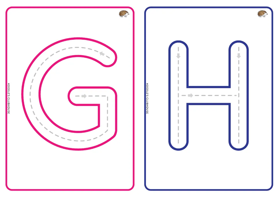 Uppercase G and H alphabet tracing cards, with dashed paths and directional arrows for letter formation