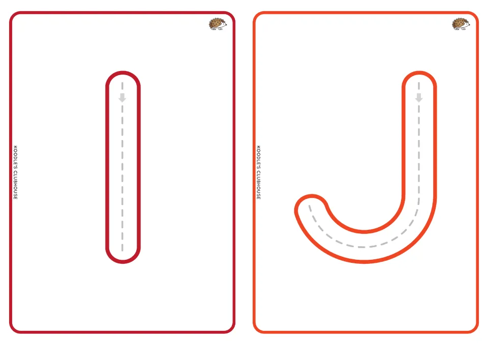 Uppercase I and J alphabet tracing cards, with dashed paths and directional arrows for letter formation