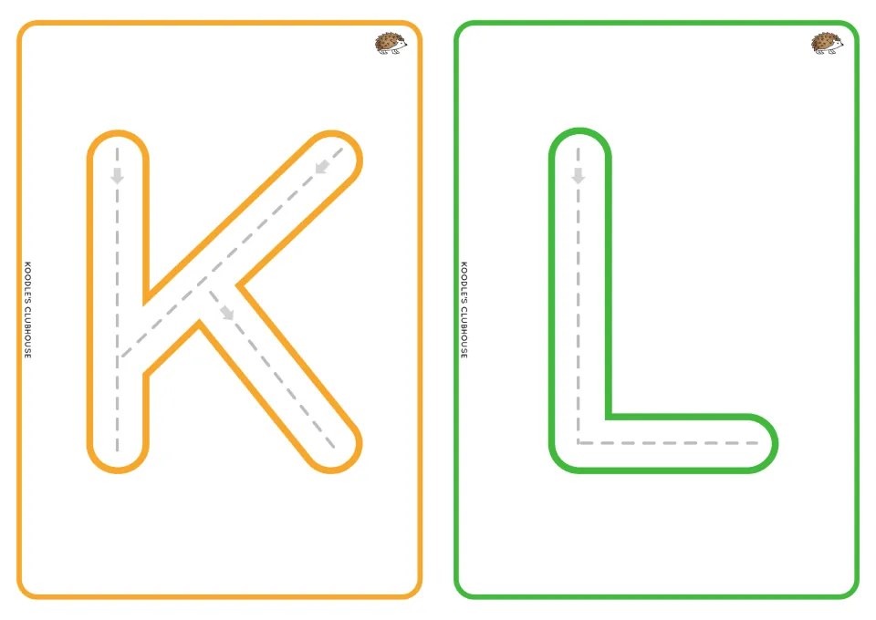 Uppercase K and L alphabet tracing cards, with dashed paths and directional arrows for letter formation