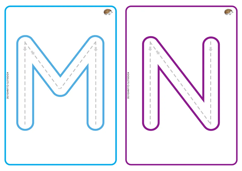 Uppercase M and N alphabet tracing cards, with dashed paths and directional arrows for letter formation