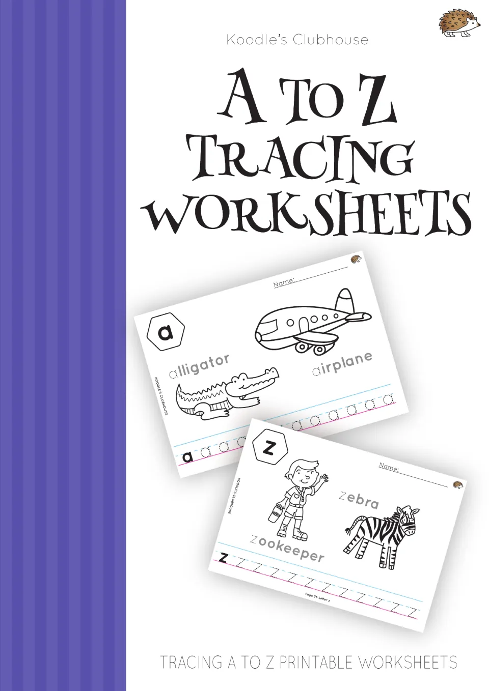 Cover of A to Z tracing worksheets, showing sample lowercase a and z pages with labeled coloring pictures