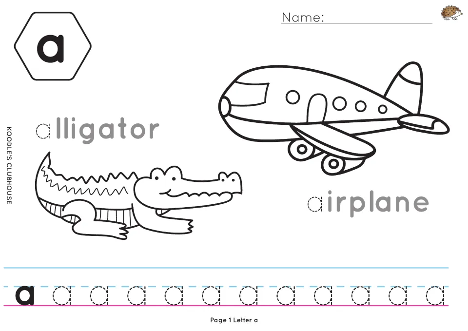 Lowercase a tracing worksheet with alligator and airplane coloring pictures and traceable a in each label