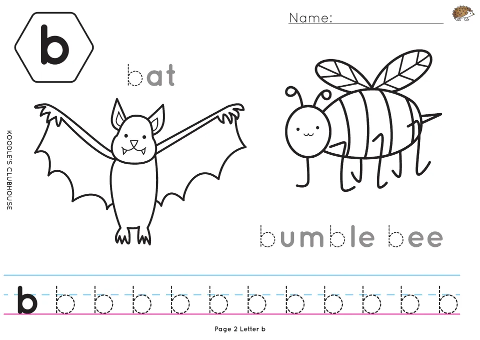 Lowercase b tracing worksheet with bat and bumble bee coloring pictures and traceable b letters in the labels