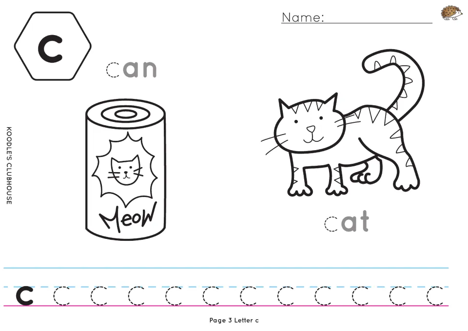 Lowercase c tracing worksheet with can and cat coloring pictures and a traceable initial c in each label