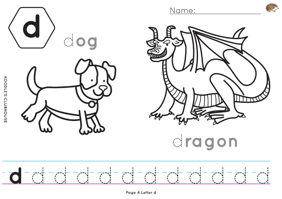 Lowercase d tracing worksheet with dog and dragon coloring pictures and a traceable initial d in each label