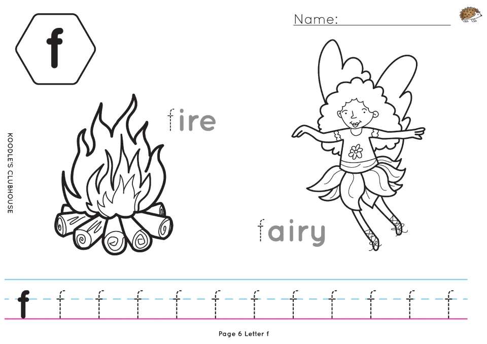 Lowercase f tracing worksheet with fire and fairy coloring pictures and a traceable initial f in each label