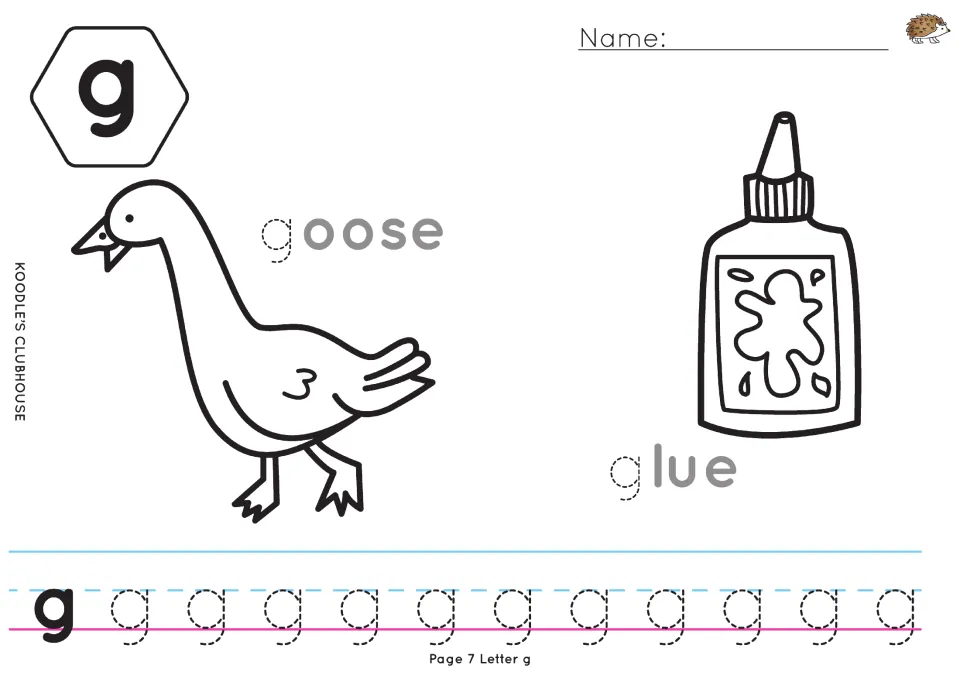 Lowercase g tracing worksheet with goose and glue coloring pictures and a traceable initial g in each label