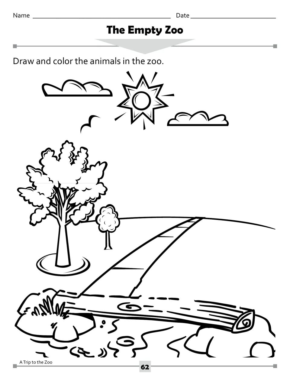 The Empty Zoo activity asks students to draw and color animals in a zoo scene with trees, water, and a log