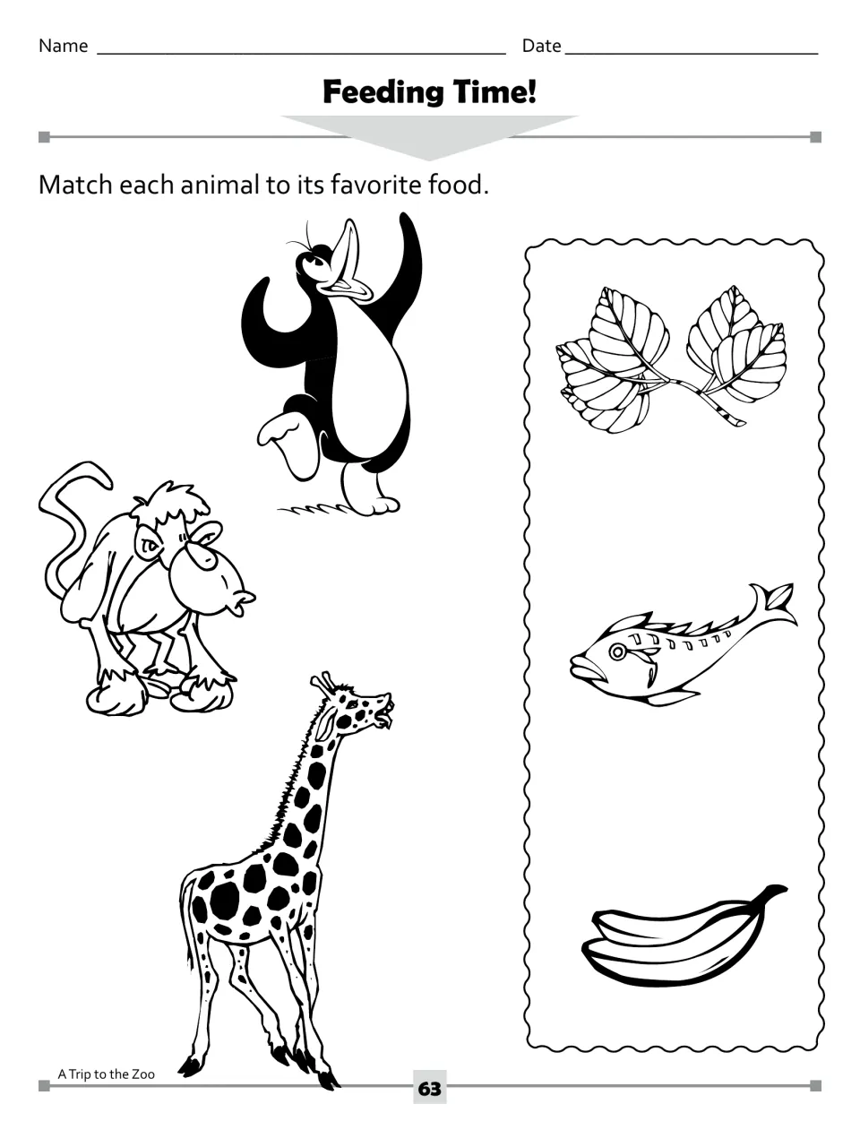 Feeding Time! activity asks students to match a penguin, monkey, and giraffe to fish, bananas, and leaves