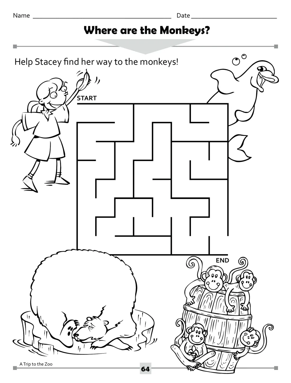 Where are the Monkeys? maze asks students to help Stacey find her way from START to the monkeys at END