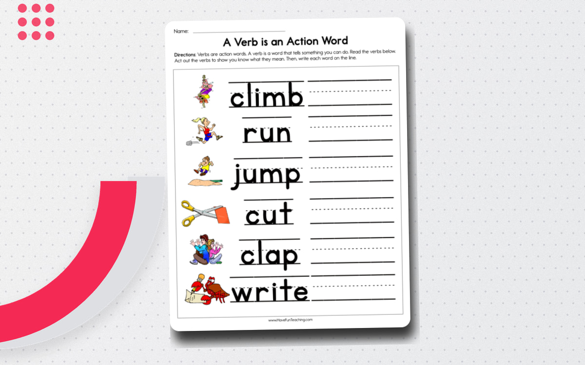 A Verb is an Action Word Worksheet worksheet page with the activity title and student response area.