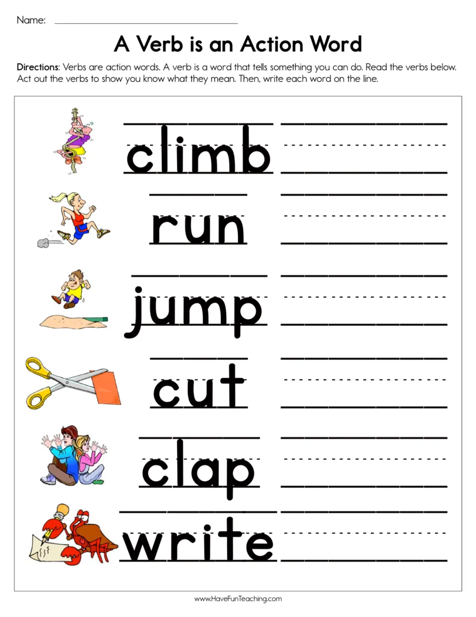 Action verbs: students act out climb, run, jump, cut, clap and write, then copy each pictured verb on the handwriting line