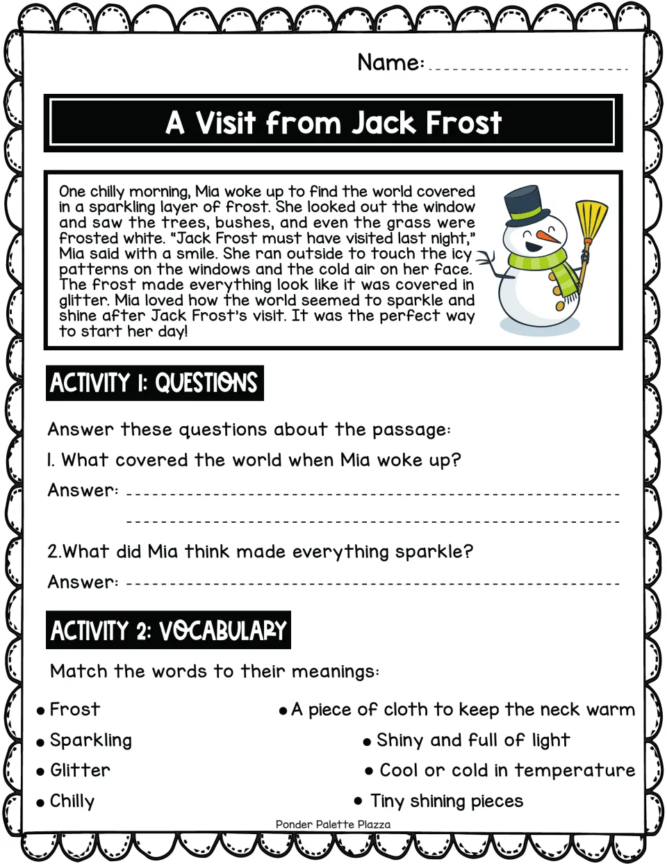 A Visit from Jack Frost: students read about Mia's frosty morning, answer 2 questions and match 4 vocabulary words