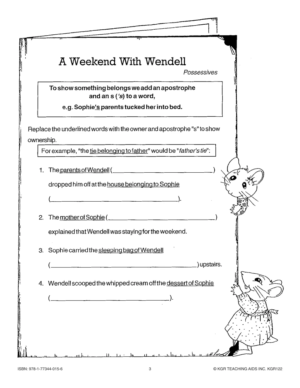Possessives practice: rewrite four story sentences using apostrophe-s for Wendell's and Sophie's belongings