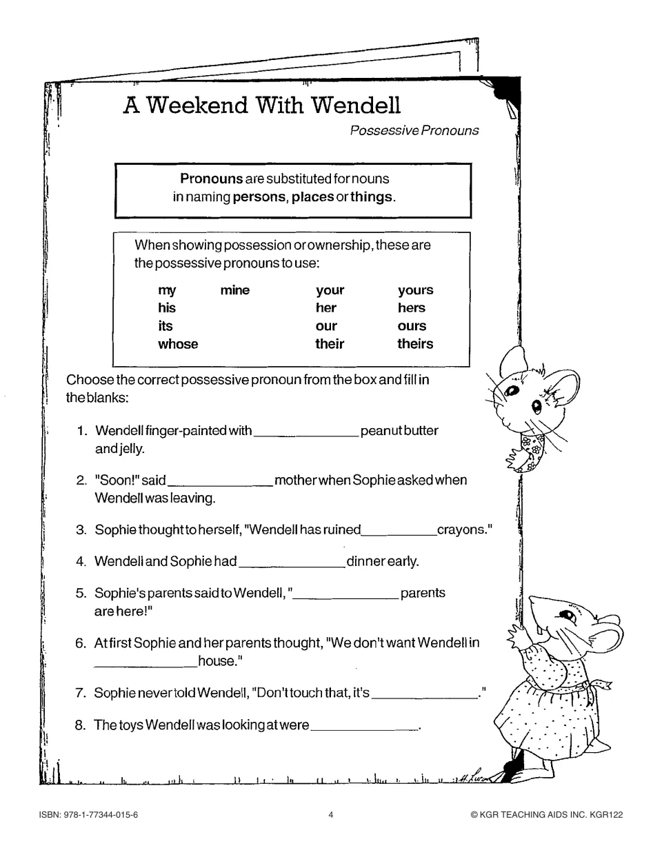 Possessive pronoun practice: choose words such as my, his, their, and mine to complete eight story sentences