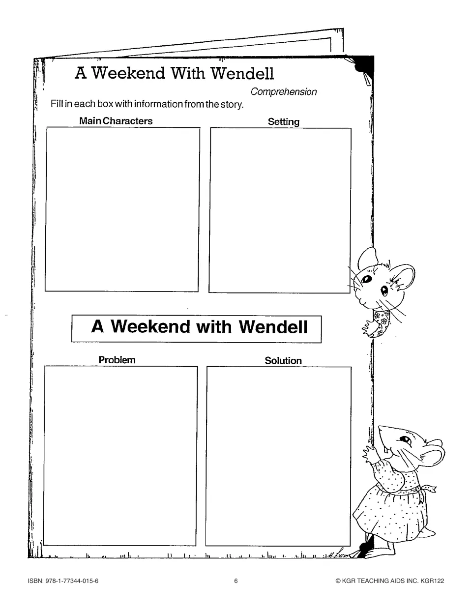 Story comprehension organizer: identify the main characters, setting, problem, and solution from the book