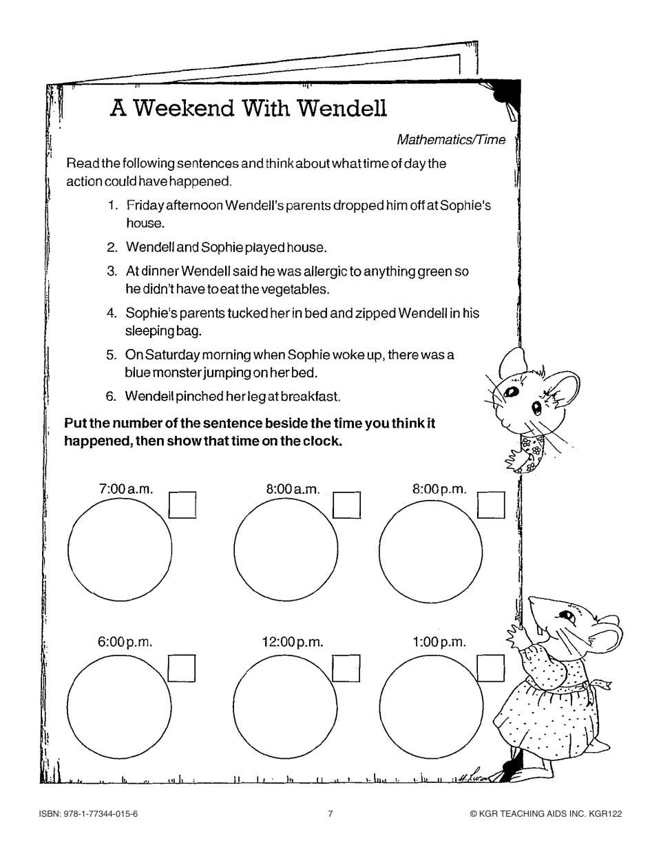 Math and time activity: match six story events to suggested times of day and draw those times on clocks