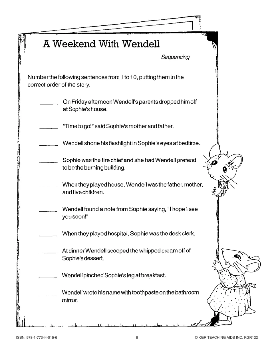 Story sequencing activity: number ten events in order, including Wendell's arrival and Sophie's farewell note