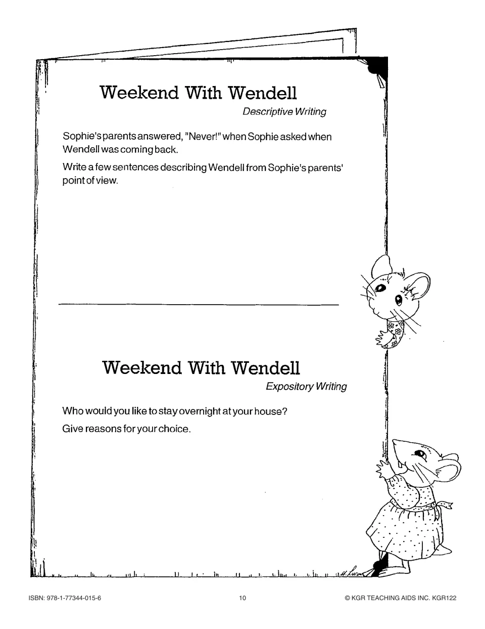 Two writing prompts: describe Wendell from Sophie's parents' view and explain your choice of an overnight guest