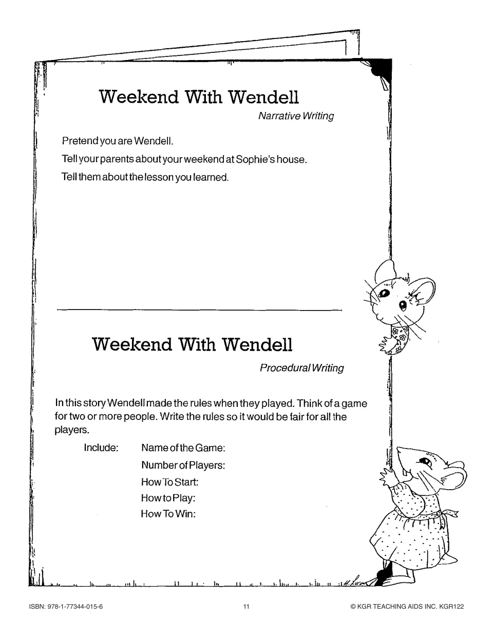 Two writing prompts: narrate the weekend as Wendell and explain fair rules for a game with two or more players