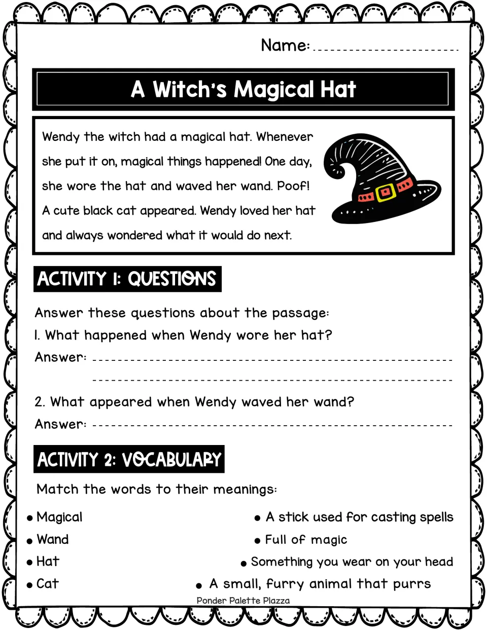 Witch's magical hat story about Wendy: students answer 2 comprehension questions and match 4 vocabulary words to meanings