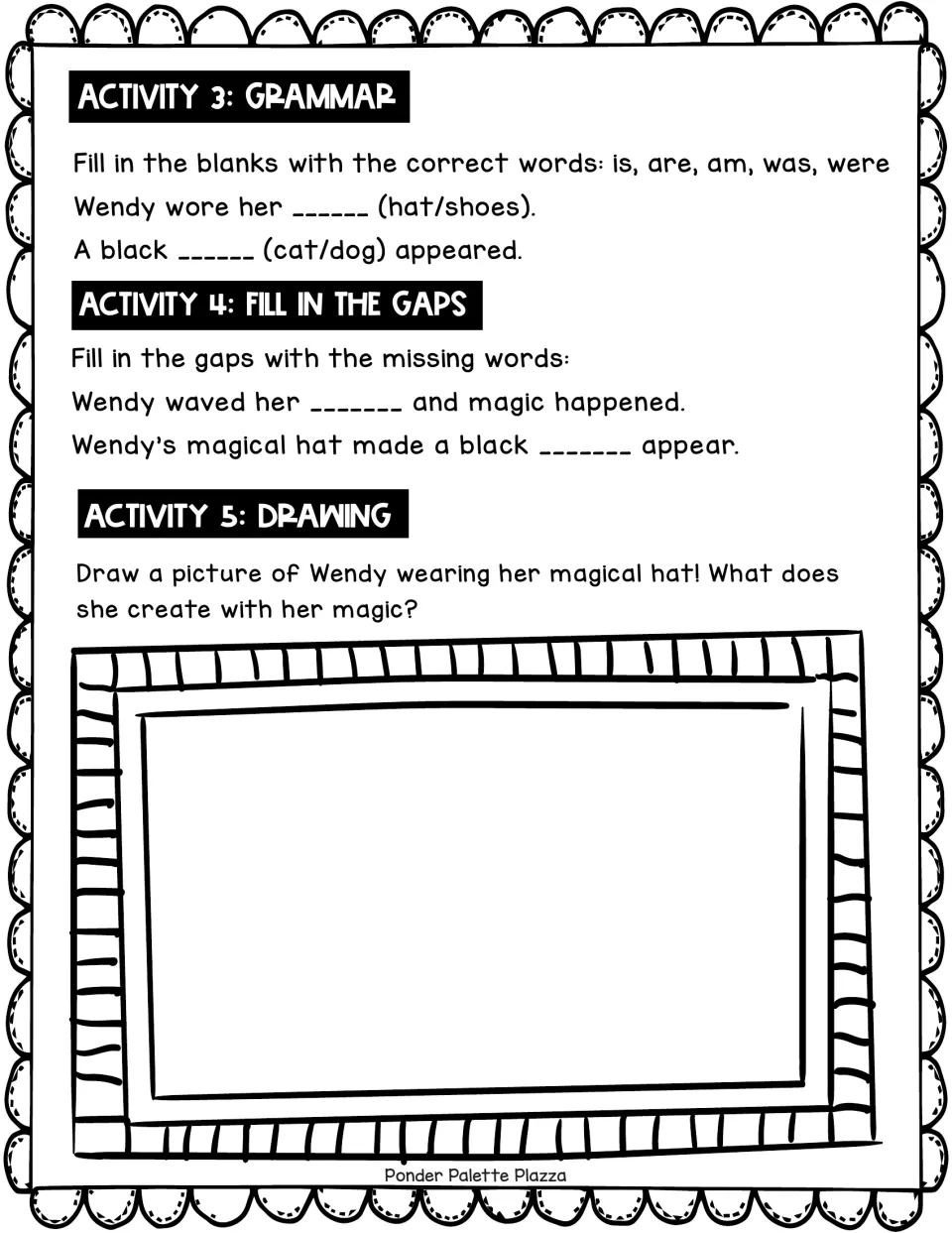 Wendy's hat story follow-up: students fill in grammar blanks, complete missing-word sentences and draw Wendy's magic
