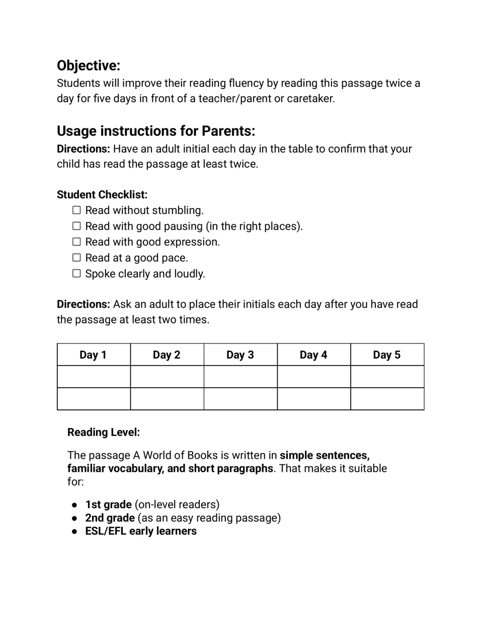 Fluency tracker: students read the passage twice daily for five days, check a 5-point checklist and get adult initials