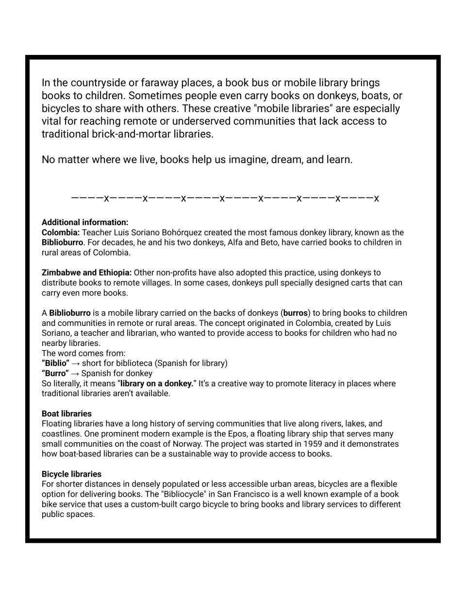 Passage ending on mobile libraries plus extra facts on the Biblioburro donkey library, Norway's Epos boat and book bikes