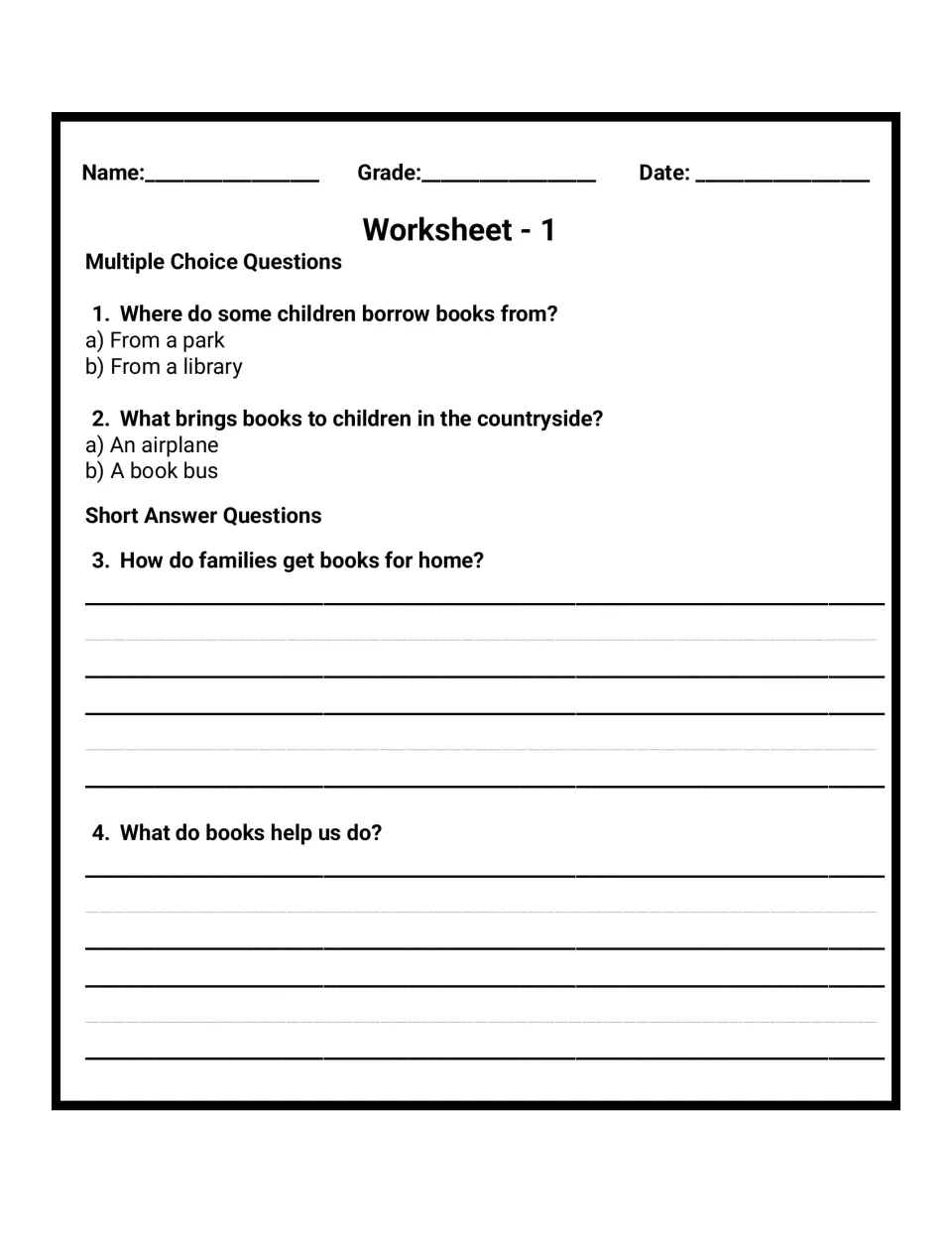 Comprehension Worksheet 1: two multiple-choice questions on borrowing books and book buses, then two short-answer items