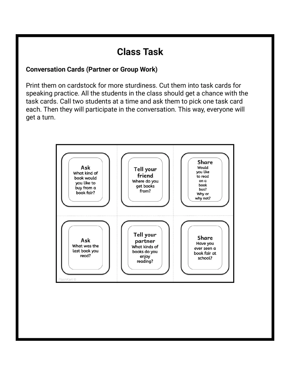 Conversation cards for speaking practice: six Ask, Tell and Share prompts about book fairs, book buses and favorite books