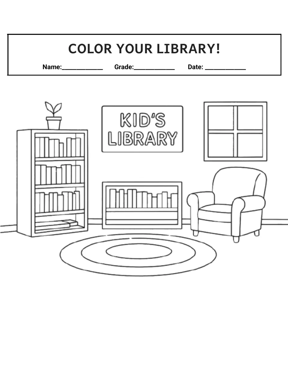 Color Your Library coloring page: a Kid's Library scene with bookshelves, an armchair, a window, a potted plant and a rug