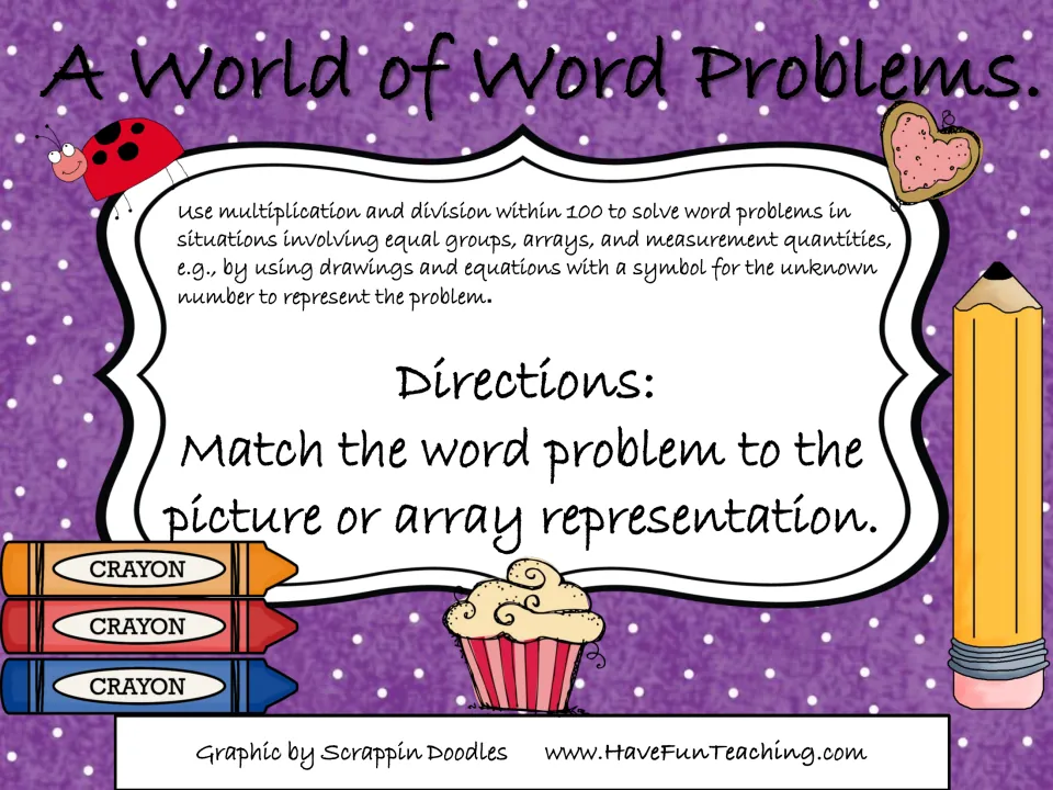 A World of Word Problems cover: directions tell students to match each word problem to its picture or array representation