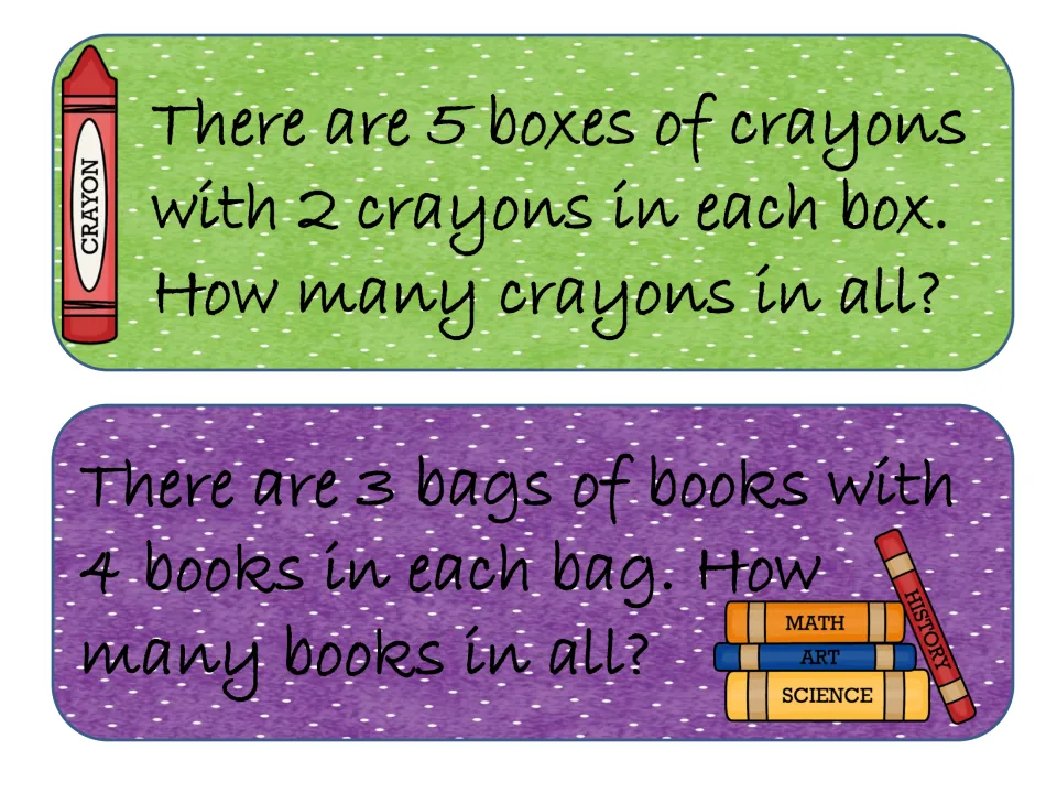 Equal groups word problem cards: 5 boxes with 2 crayons each and 3 bags with 4 books each, asking how many in all