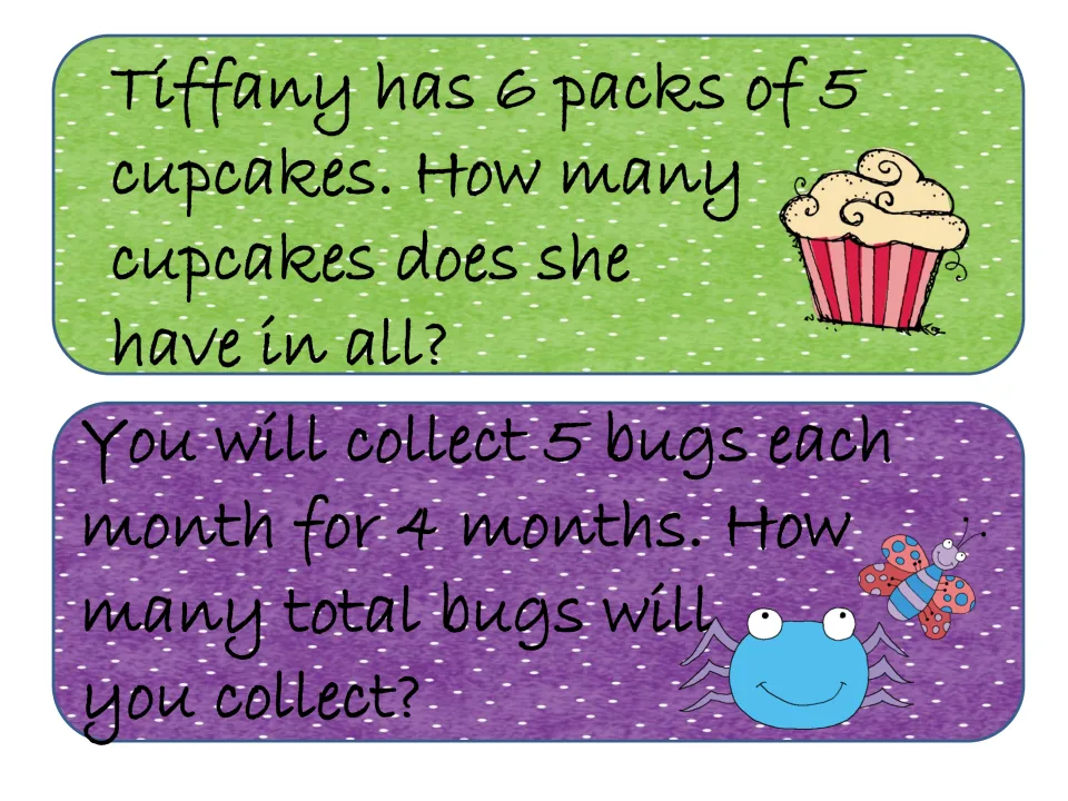 Multiplication word problem cards: Tiffany's 6 packs of 5 cupcakes and collecting 5 bugs a month for 4 months