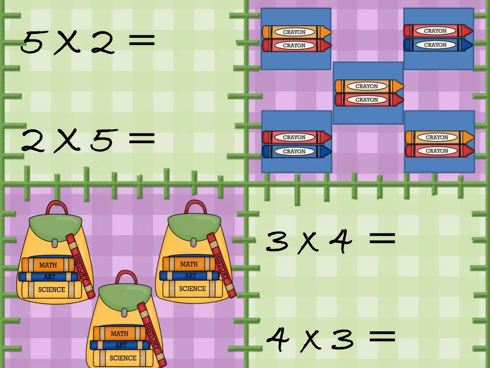 Matching cards for 5 x 2, 2 x 5, 3 x 4 and 4 x 3 with pictures of 5 boxes of 2 crayons and 3 backpacks of 4 books