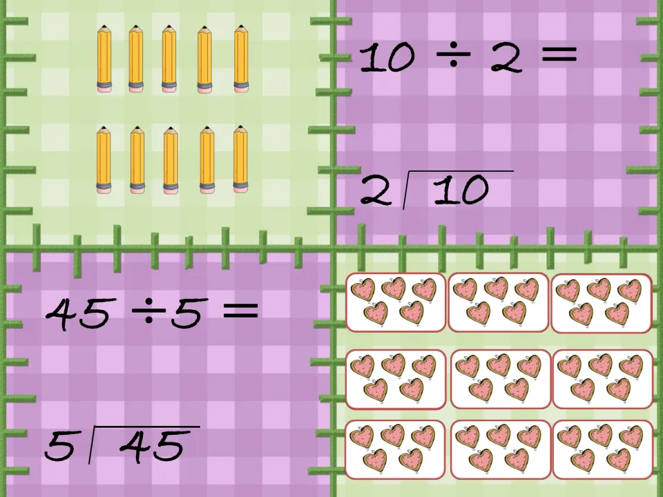Division matching cards: 10 ÷ 2 with 2 rows of 5 pencils, and 45 ÷ 5 with 9 groups of 5 cookies, in both notations