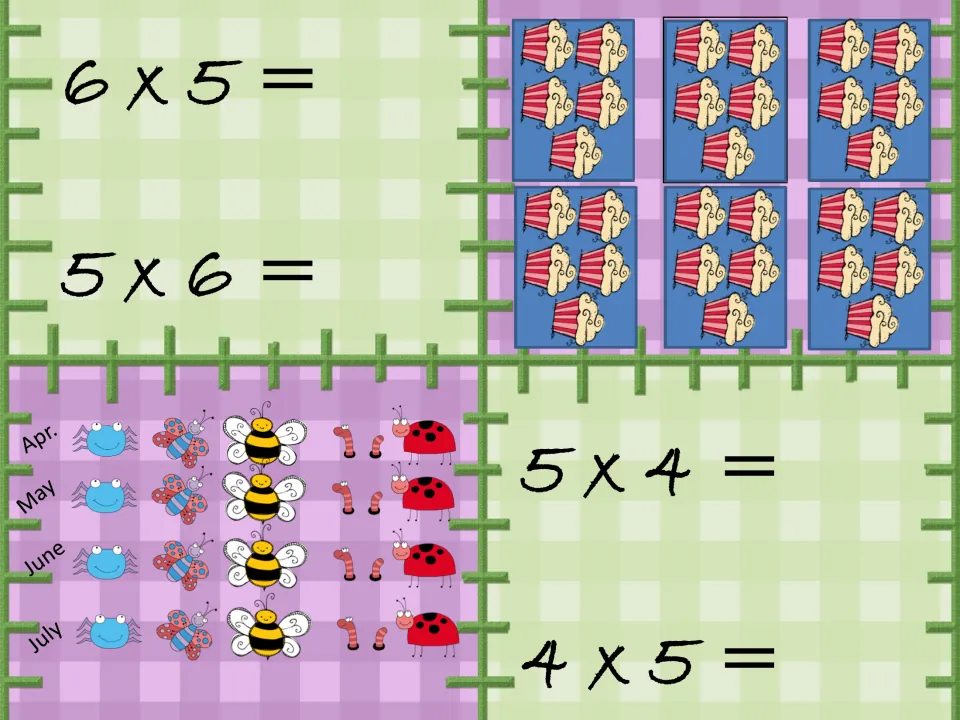 Matching cards for 6 x 5, 5 x 6, 5 x 4 and 4 x 5 with 6 packs of 5 cupcakes and a bug array for April to July