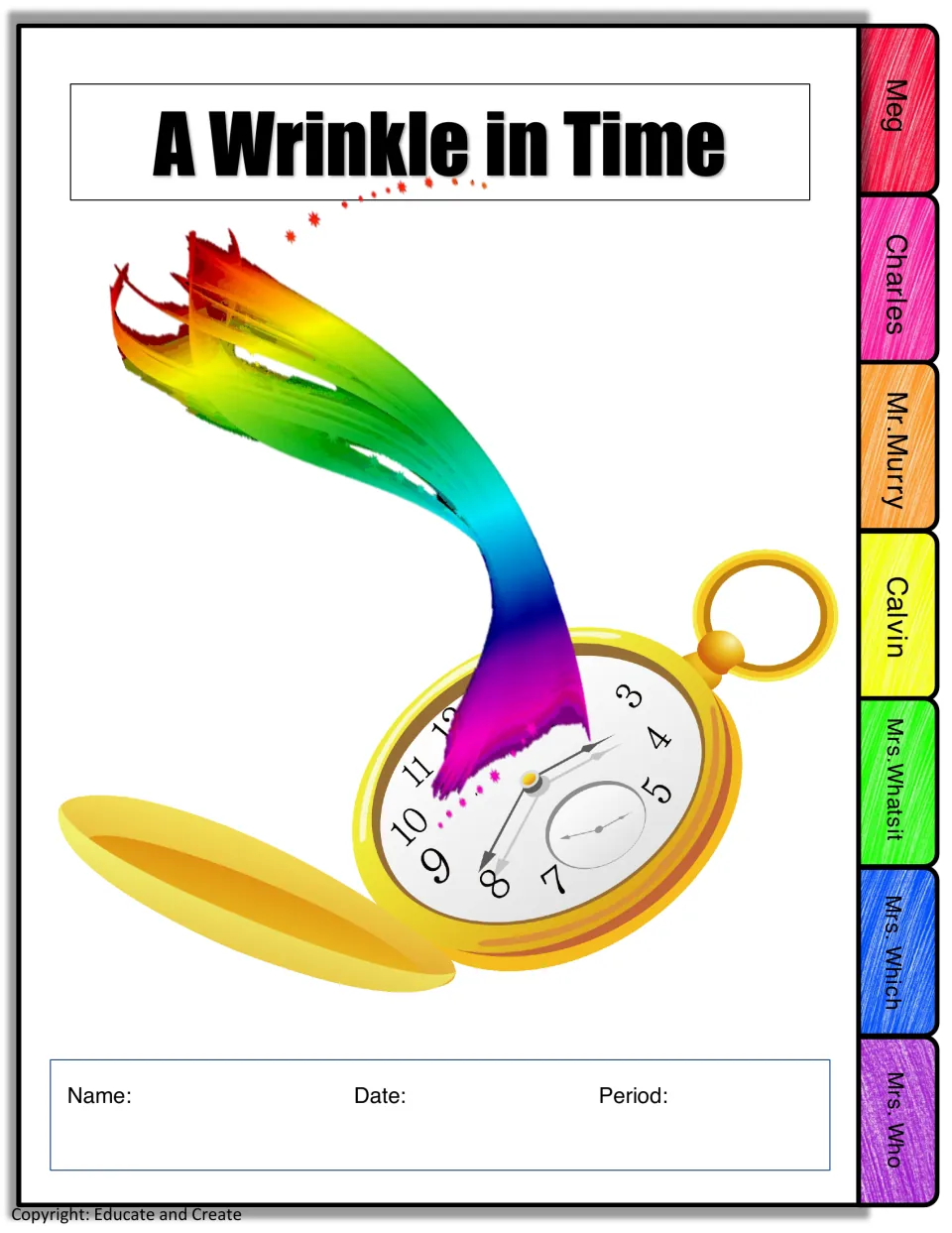 Flipbook cover with rainbow ribbon and pocket watch art, Name, Date and Period fields, and tabs for all seven characters