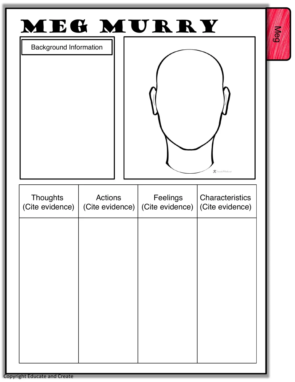 Meg Murry character profile: students record background, draw her face and cite evidence for thoughts, actions and feelings