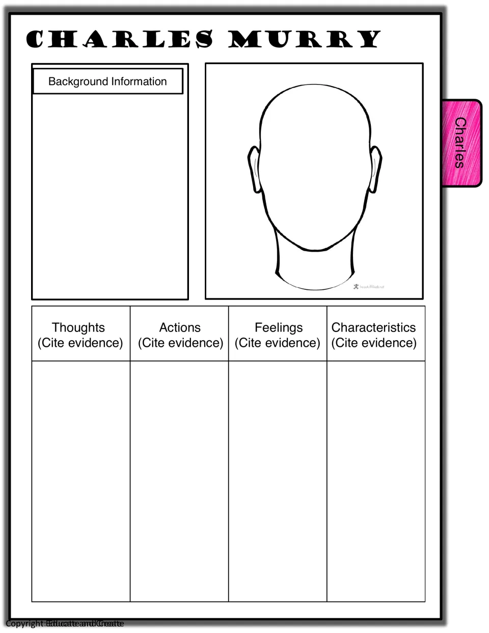 Charles Murry character profile: students note background, sketch his face and cite text evidence of his traits and actions