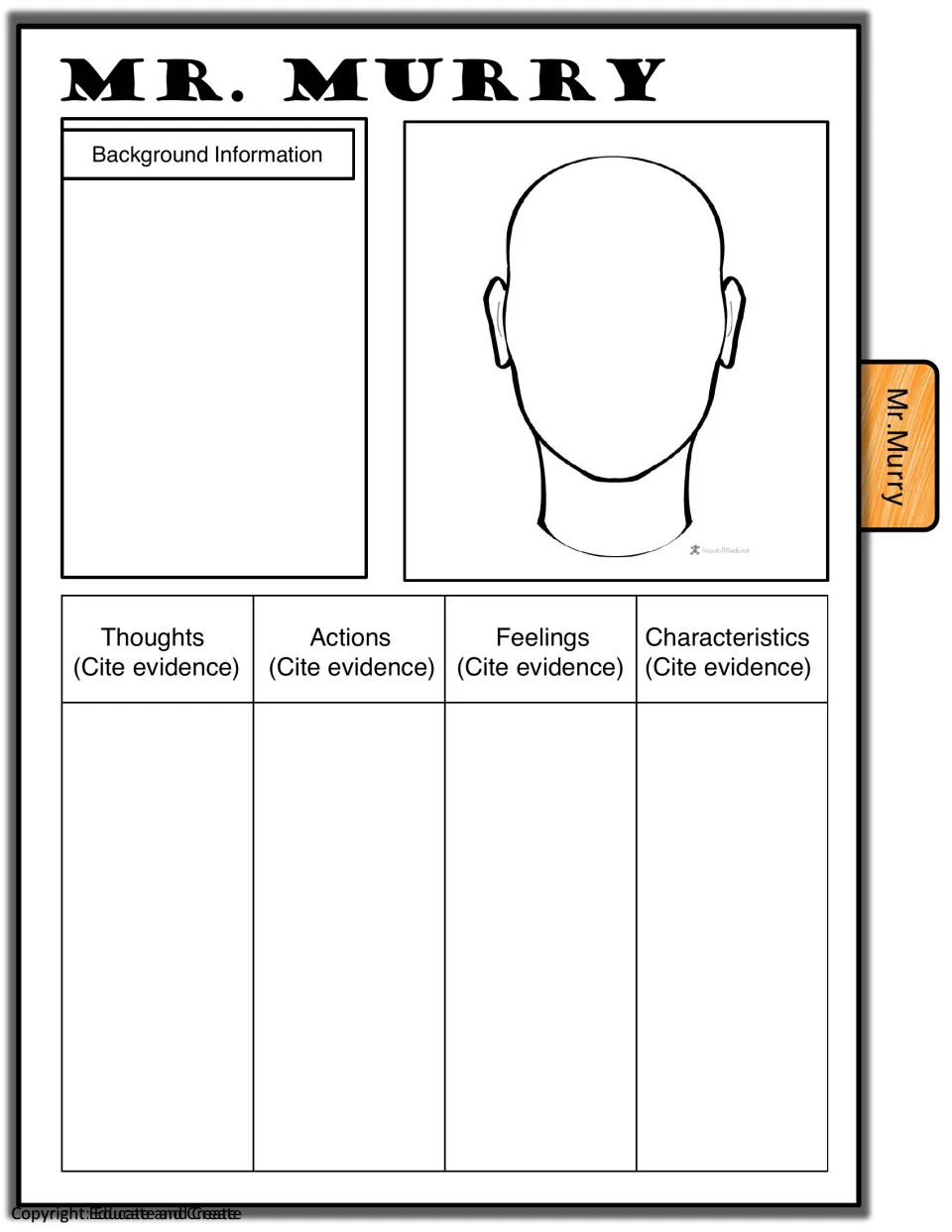 Mr. Murry character profile: students add background, draw his face and cite evidence of his thoughts, feelings and traits