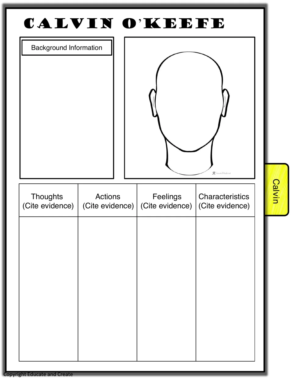 Calvin O'Keefe character profile: students write background, sketch his face, and cite evidence of his actions and feelings