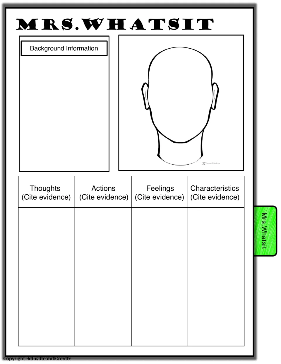 Mrs. Whatsit character profile: students describe her background, draw her, and cite text evidence for each trait category