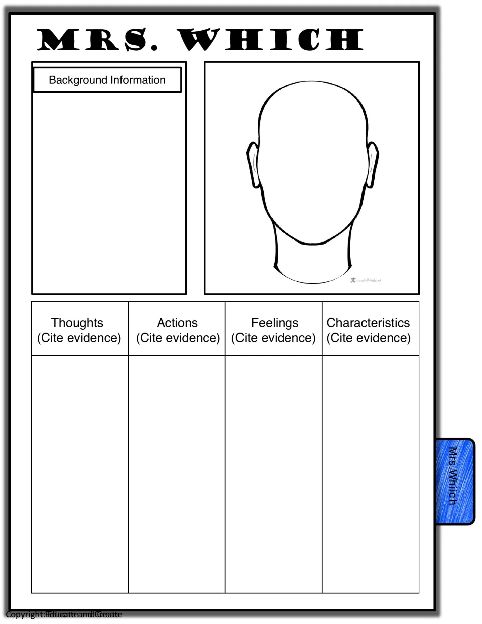 Mrs. Which character profile: students record background, draw her face and cite evidence of thoughts, actions and feelings