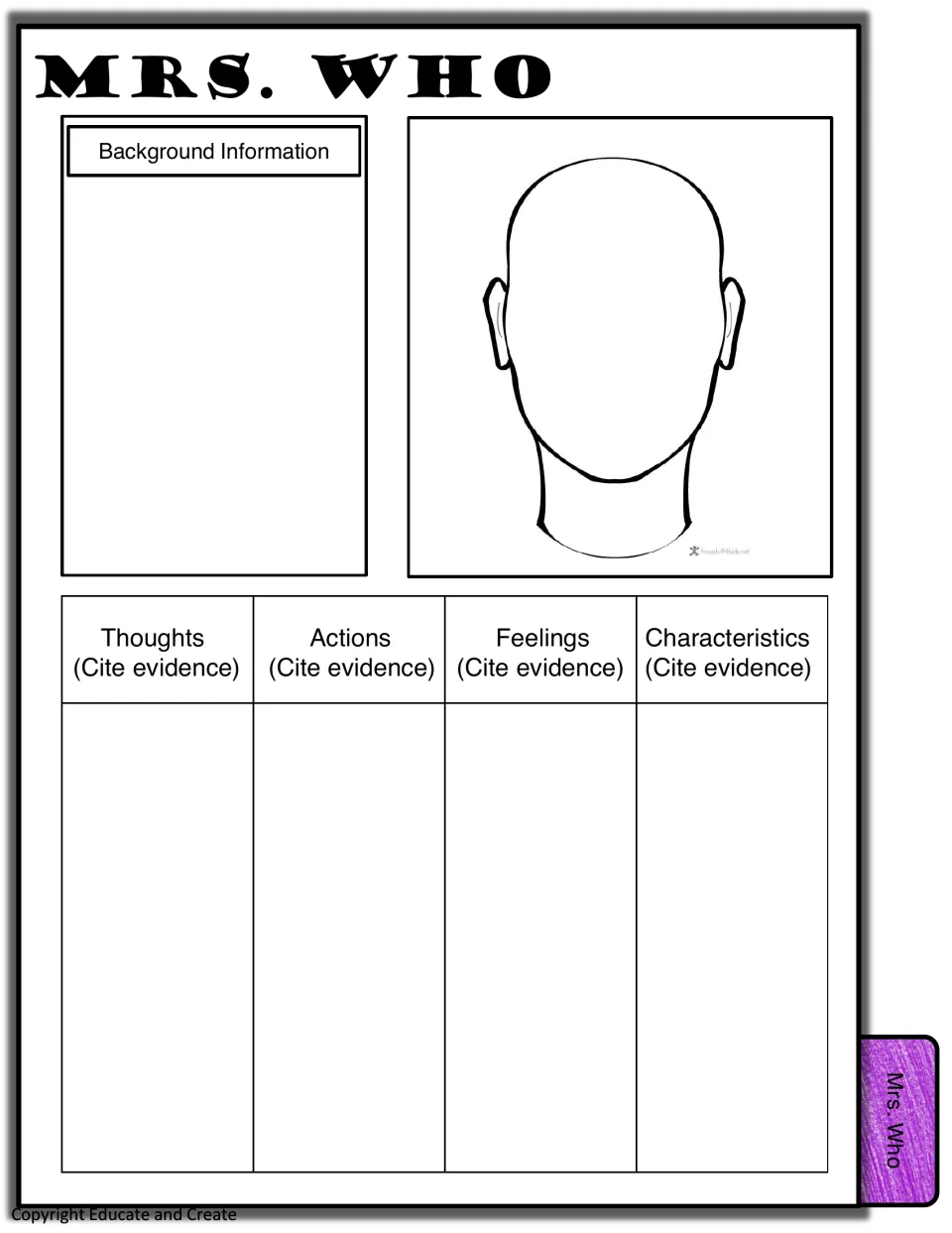 Mrs. Who character profile: students note background, sketch her face, and cite evidence for her feelings and traits