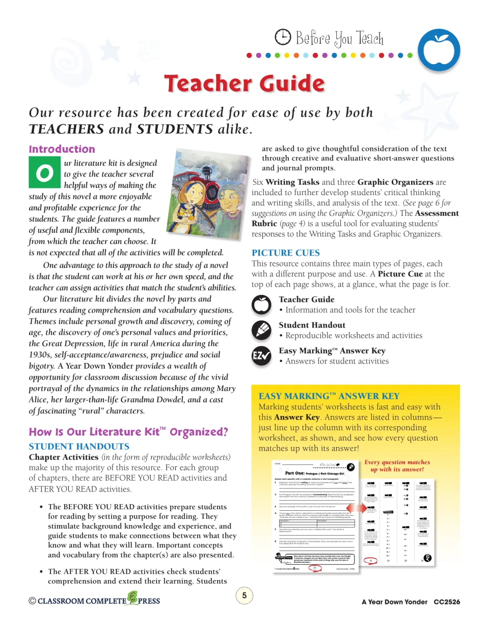 Teacher Guide introduction: novel themes, Before and After You Read activities, picture cues and answer key use